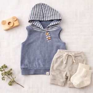Lulu & Roo Sleeveless Hoodie 2T | Striped Hood + Offset Buttons | Handmade USA